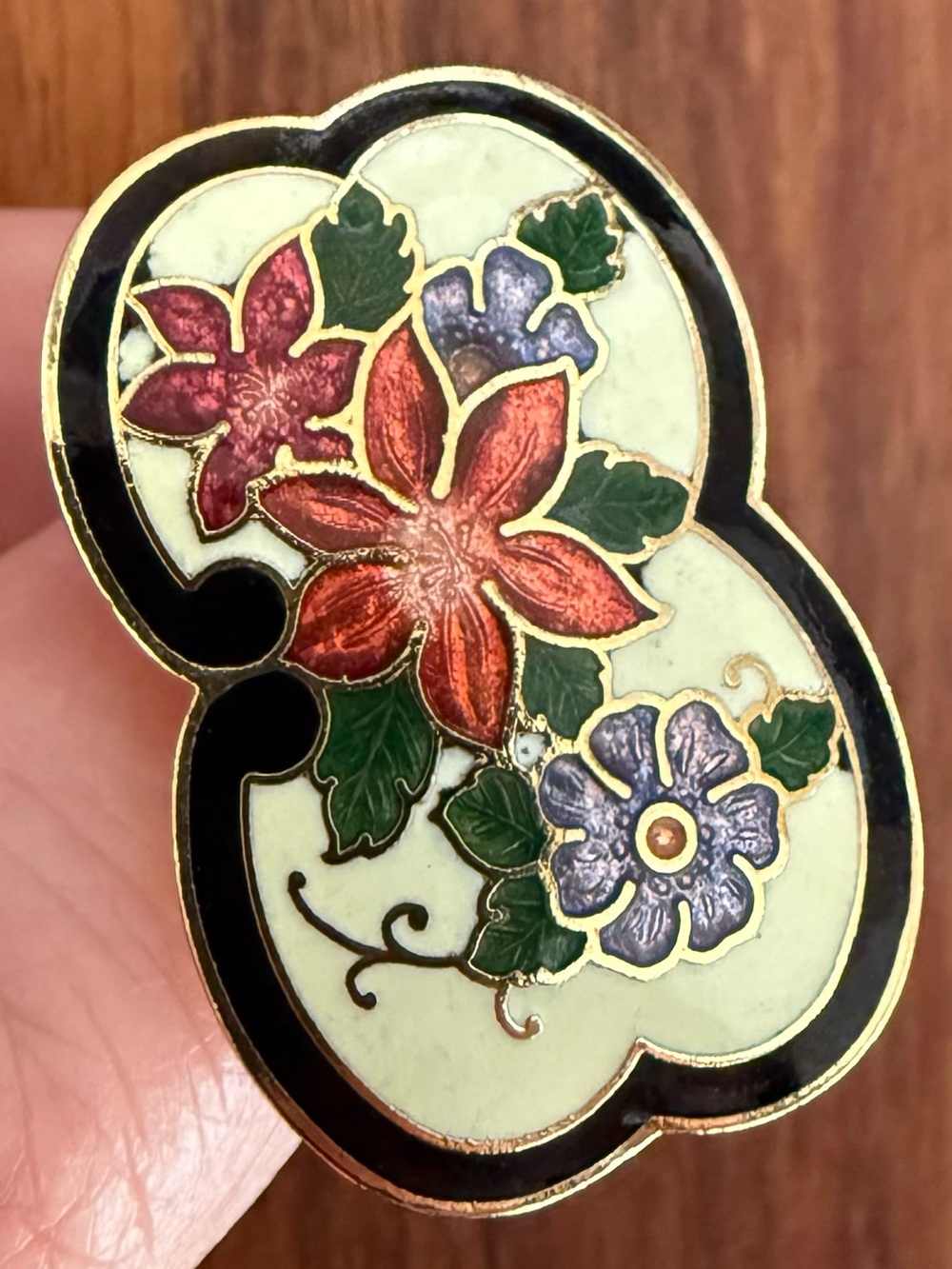 Vintage Cloisonné Floral Scarf Ring Clip in Red, Purple & Green Flower Enamel